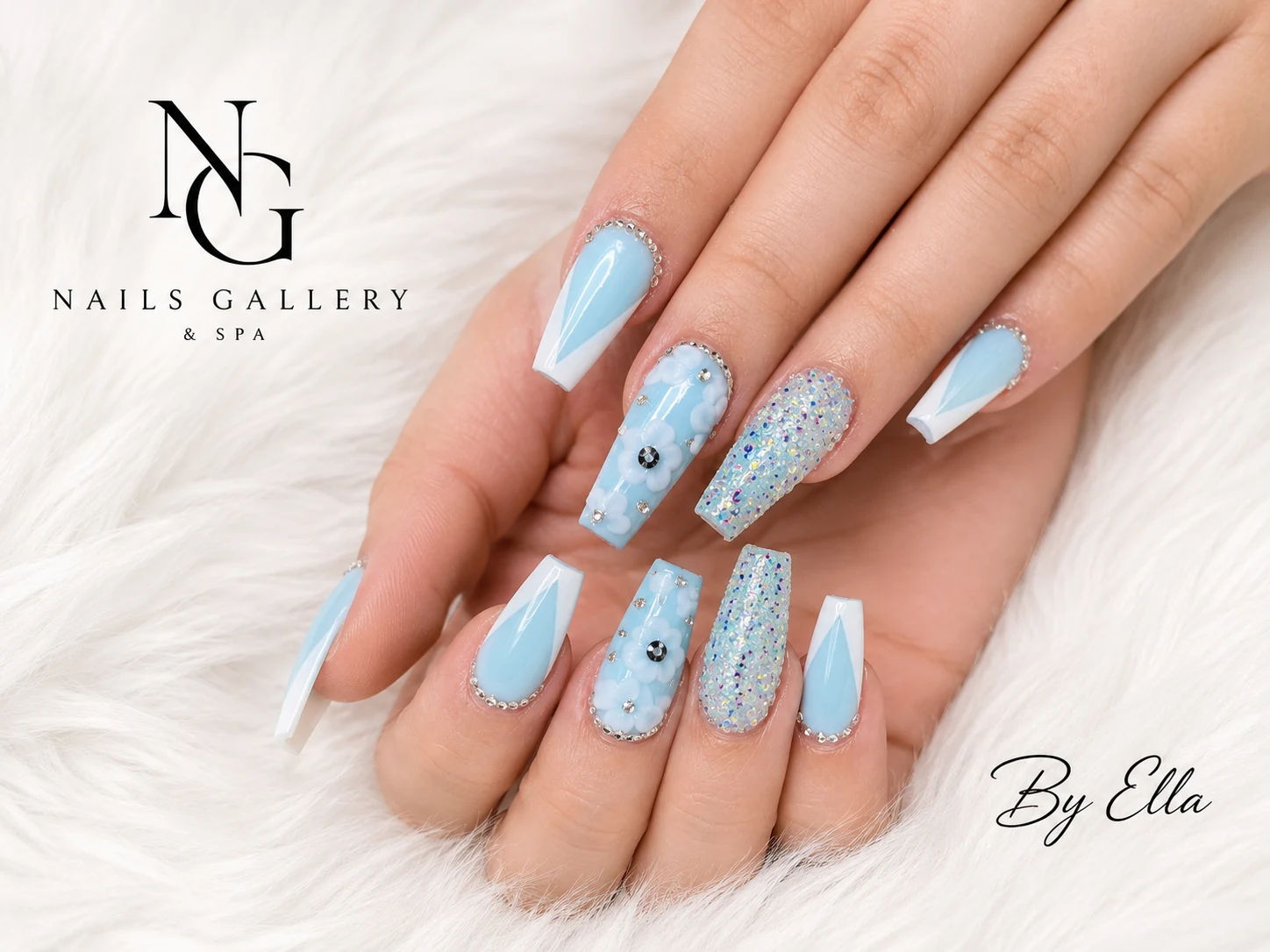 Icy blue floral nail design