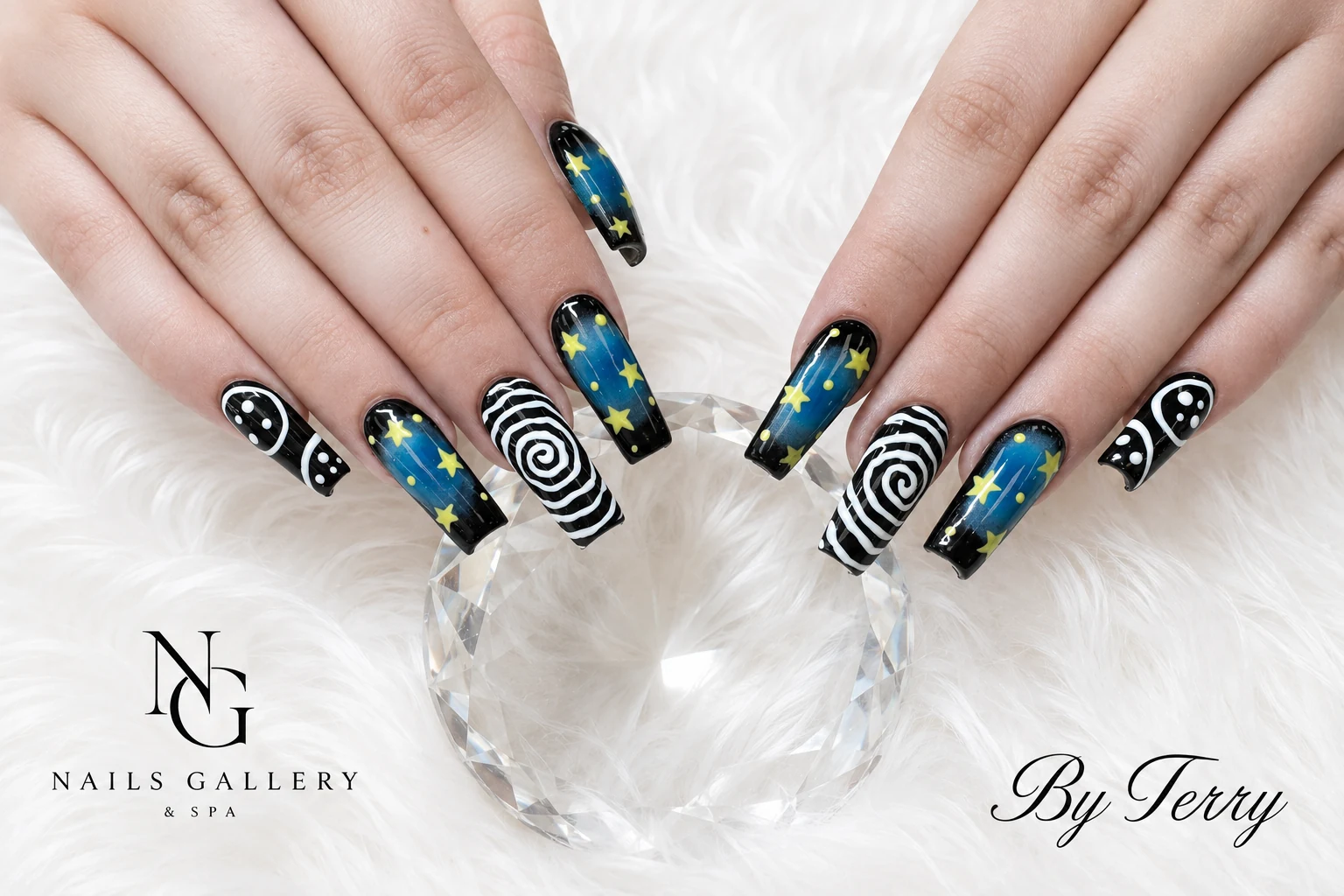 Black and blue star nail design